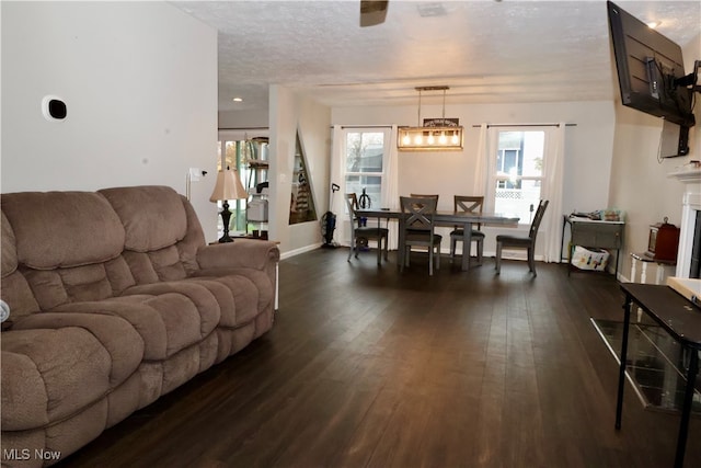 living room with a textured ceiling and dark hardwood / wood-style floors