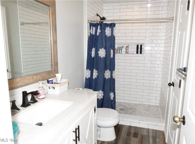 bathroom with a shower with curtain, vanity, wood-type flooring, and toilet