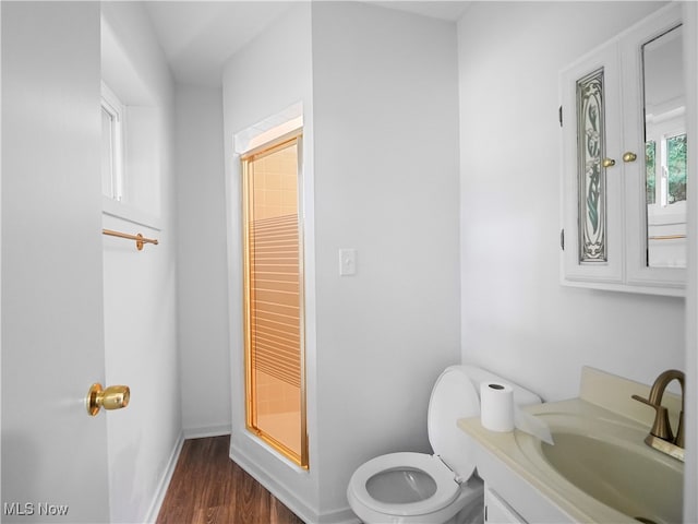 bathroom with hardwood / wood-style flooring, vanity, toilet, and walk in shower