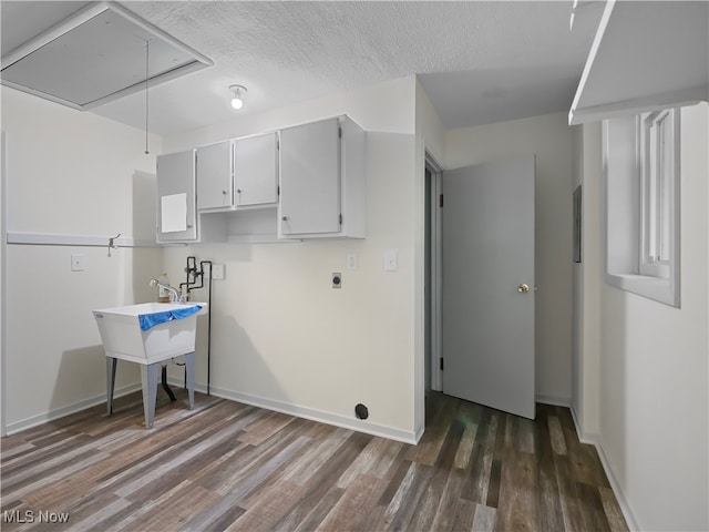 clothes washing area with dark hardwood / wood-style flooring and a textured ceiling