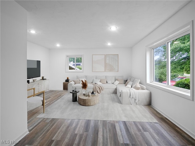 living room featuring dark hardwood / wood-style floors and a healthy amount of sunlight