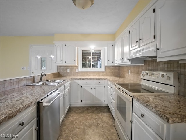 kitchen with light stone countertops, white cabinetry, dishwasher, sink, and white electric range