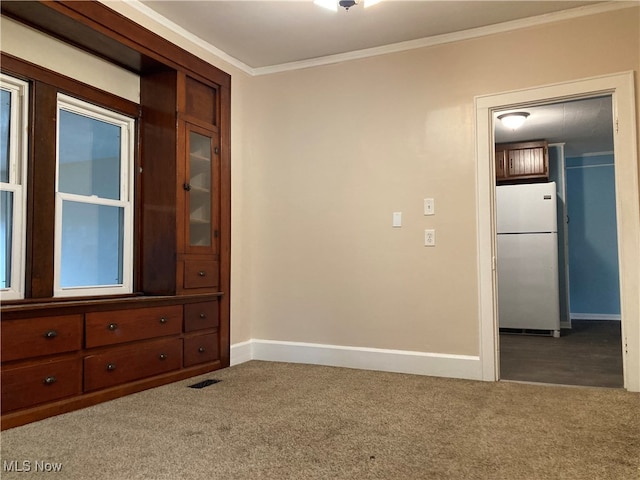 empty room with carpet flooring and ornamental molding