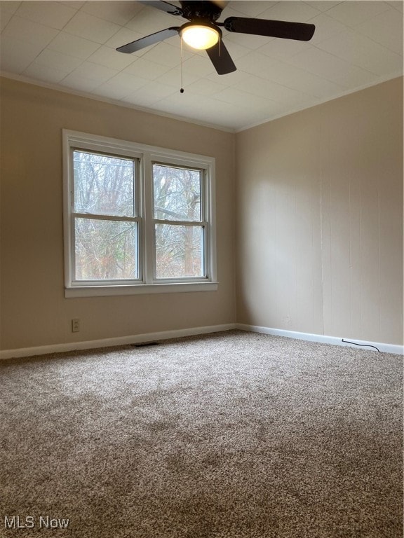 carpeted empty room with ceiling fan and ornamental molding