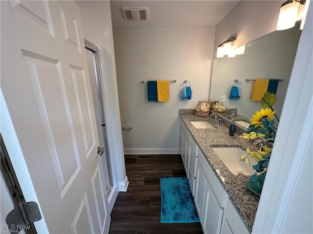 bathroom with wood-type flooring and vanity