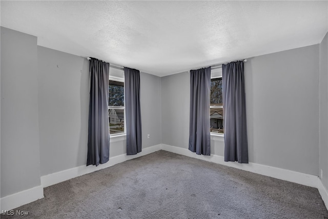 unfurnished room with carpet and a textured ceiling