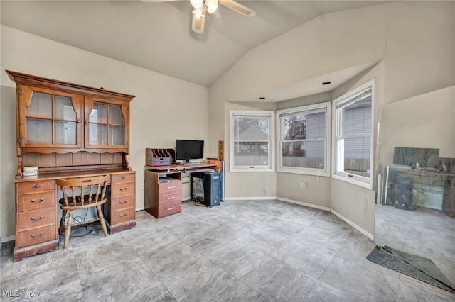 office with ceiling fan and vaulted ceiling