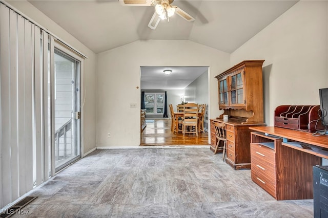 office with ceiling fan, light hardwood / wood-style floors, and vaulted ceiling