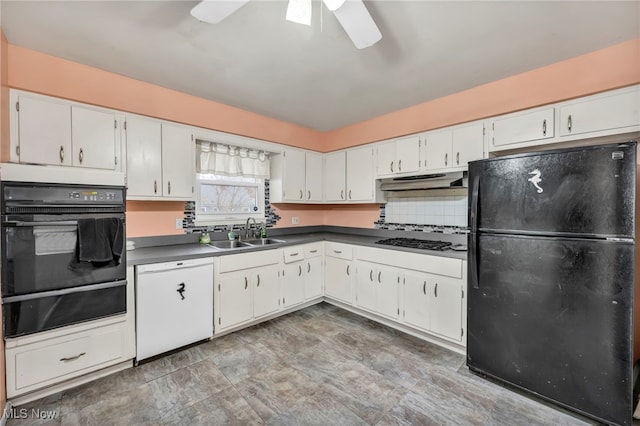 kitchen featuring backsplash, ceiling fan, sink, black appliances, and white cabinets