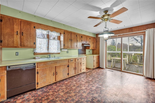 kitchen featuring dishwasher, ceiling fan, and sink