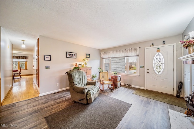 foyer entrance featuring wood-type flooring and a textured ceiling