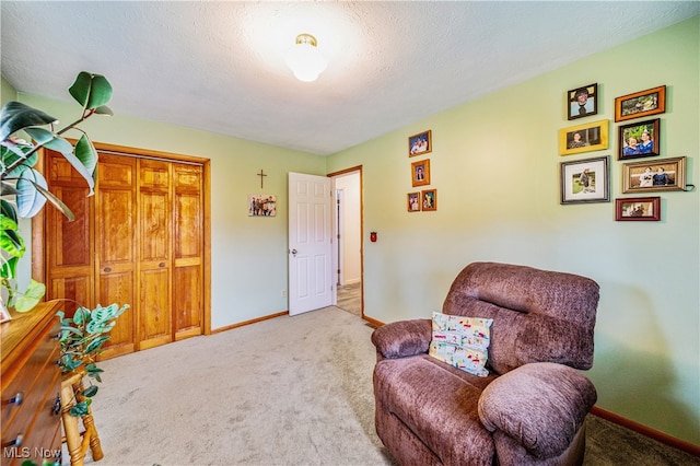 sitting room with a textured ceiling and carpet floors