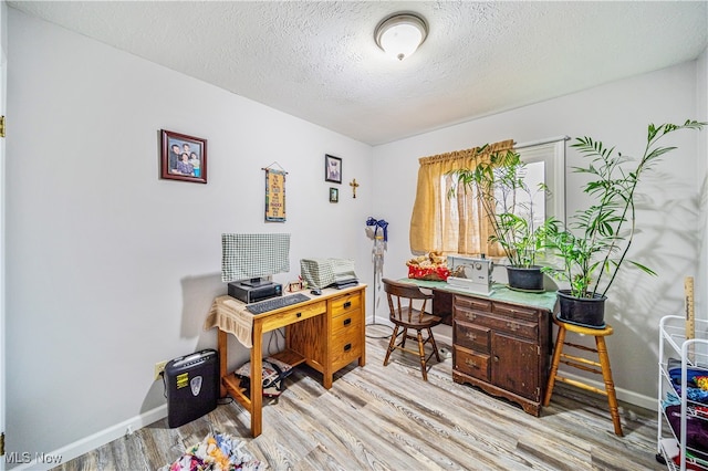 office area with a textured ceiling and light hardwood / wood-style flooring