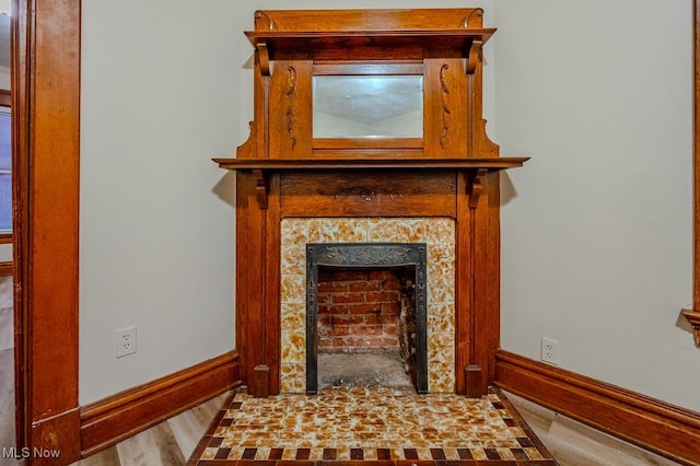 room details with a fireplace and hardwood / wood-style flooring