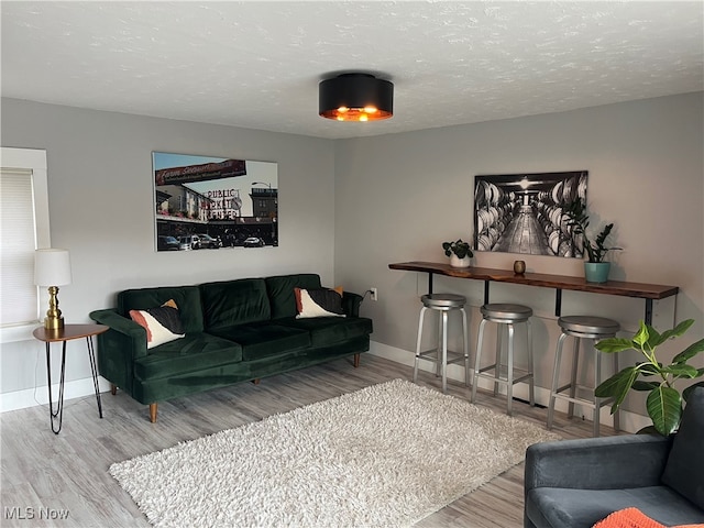 living room featuring light hardwood / wood-style floors and a textured ceiling