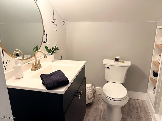 bathroom with wood-type flooring, vanity, and toilet