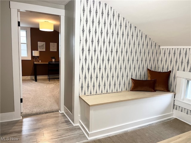 mudroom with hardwood / wood-style flooring and vaulted ceiling