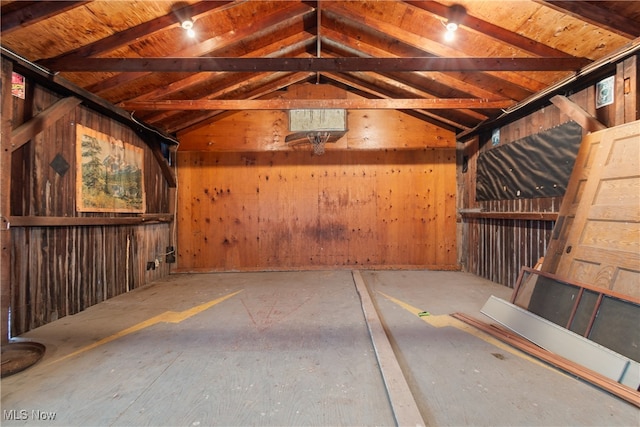 garage with wood walls