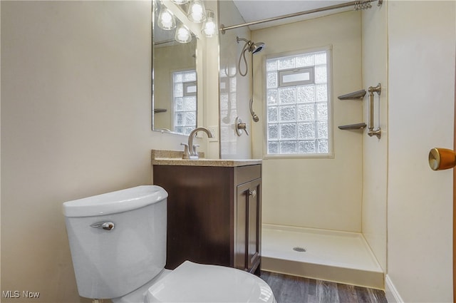 bathroom with a healthy amount of sunlight, toilet, walk in shower, and vanity