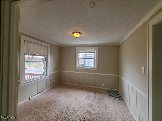 carpeted spare room featuring a baseboard radiator, a textured ceiling, and ornamental molding