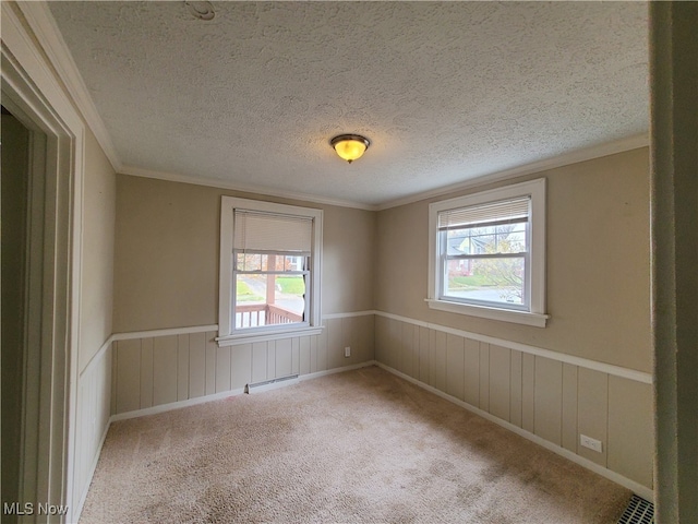 carpeted empty room with a textured ceiling and crown molding