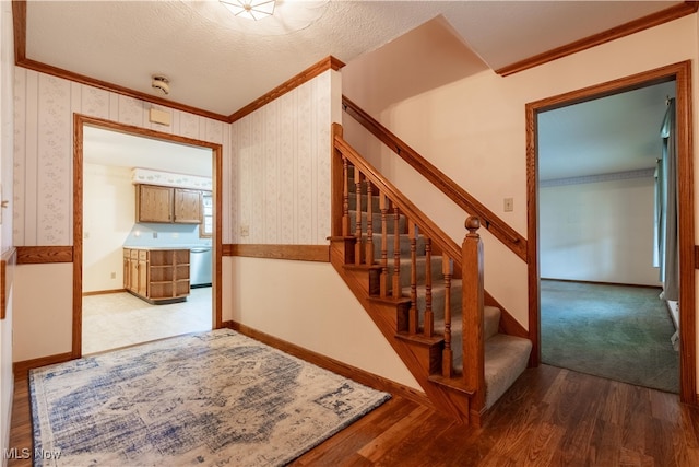 staircase with hardwood / wood-style floors, a textured ceiling, and ornamental molding