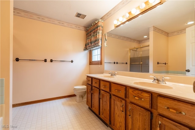 bathroom featuring a shower, vanity, ornamental molding, and toilet