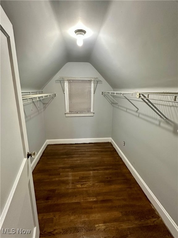 spacious closet featuring dark wood-type flooring and vaulted ceiling