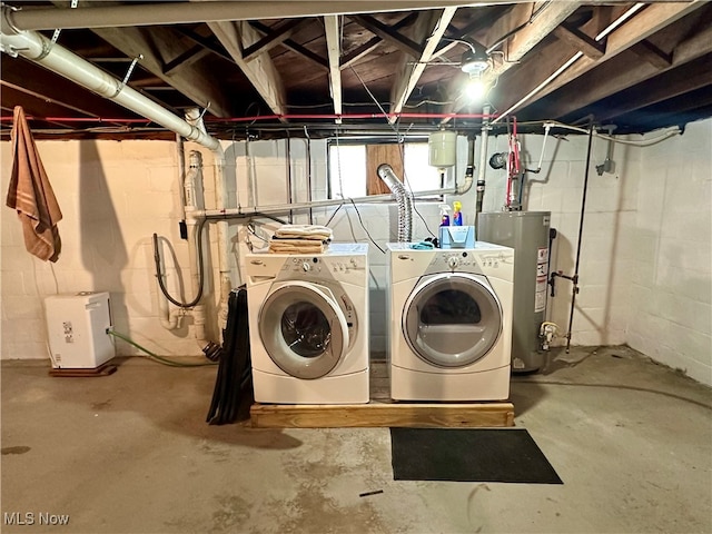 laundry room with washing machine and dryer and water heater