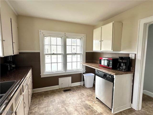 kitchen with white cabinets, stainless steel dishwasher, sink, and tasteful backsplash