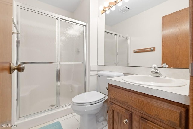 full bath with visible vents, toilet, a stall shower, tile patterned floors, and vanity