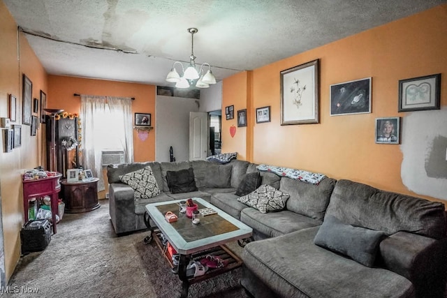 carpeted living room with a textured ceiling and a notable chandelier