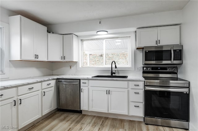 kitchen with sink, white cabinets, light wood-type flooring, and appliances with stainless steel finishes