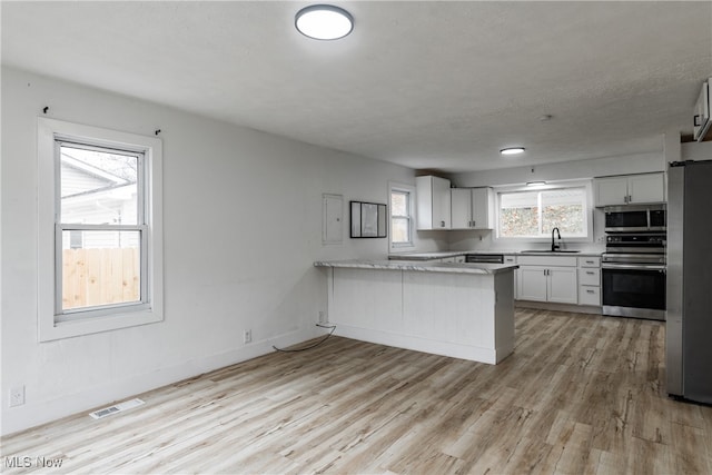 kitchen featuring kitchen peninsula, stainless steel appliances, sink, white cabinets, and light hardwood / wood-style floors