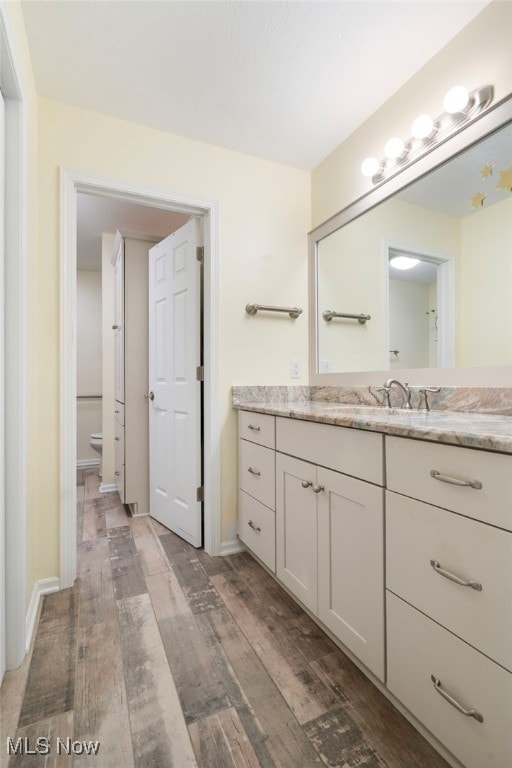 bathroom with hardwood / wood-style floors, vanity, and toilet