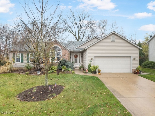 single story home with a garage and a front lawn