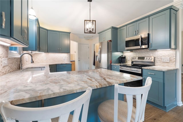 kitchen with sink, dark hardwood / wood-style flooring, backsplash, kitchen peninsula, and appliances with stainless steel finishes