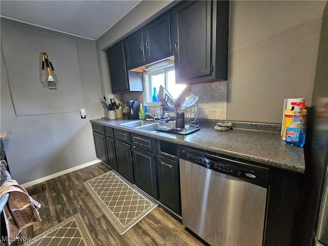 kitchen featuring dishwasher, decorative backsplash, sink, and dark wood-type flooring