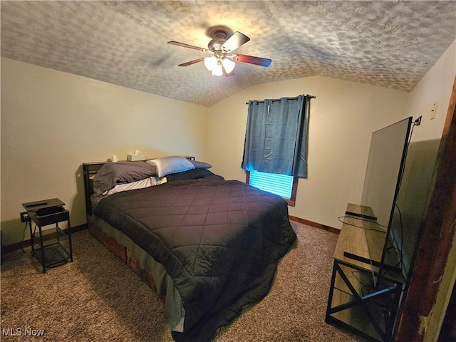 carpeted bedroom with a textured ceiling, ceiling fan, and vaulted ceiling