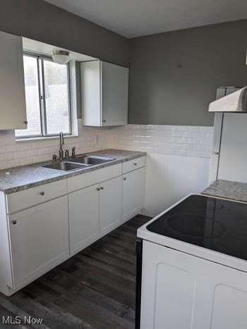 kitchen featuring sink, tasteful backsplash, dark hardwood / wood-style flooring, electric stove, and white cabinets