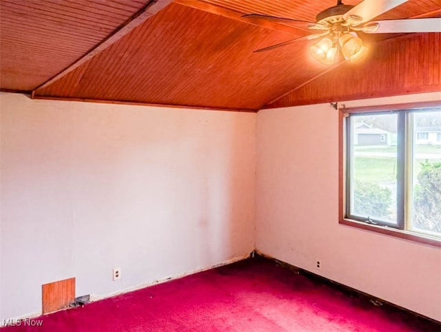 bonus room with carpet flooring, ceiling fan, wood ceiling, and vaulted ceiling