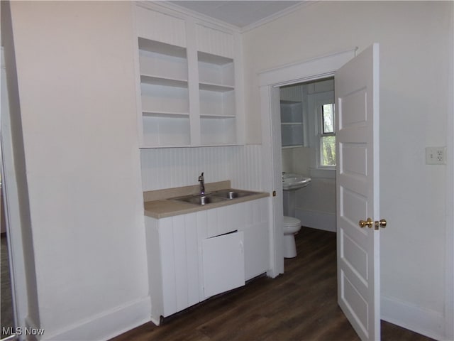 kitchen with dark hardwood / wood-style flooring, crown molding, and sink