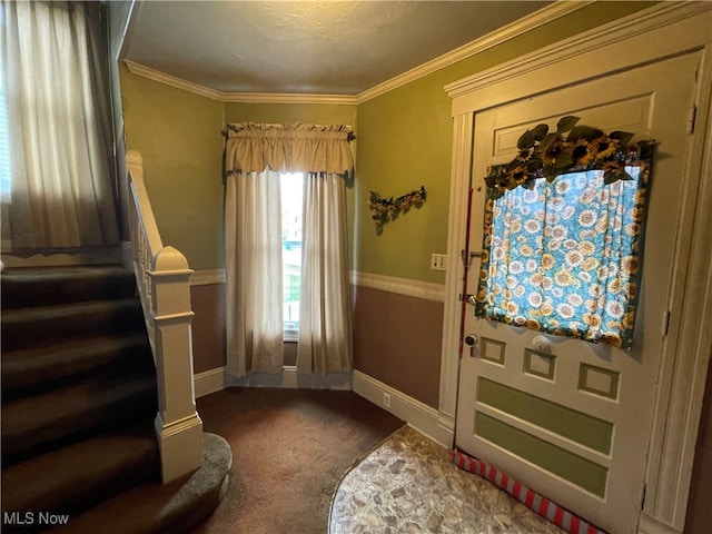 interior space featuring crown molding, a textured ceiling, and dark colored carpet