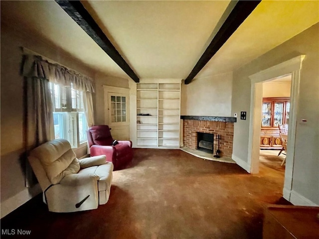 520 E Lincoln Way, Lisbon, OH 44432 - carpeted living area featuring beam ceiling, a fireplace, baseboards, and built in features