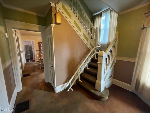 stairway featuring carpet and crown molding