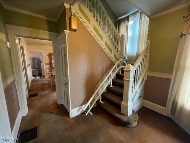 520 E Lincoln Way, Lisbon, OH 44432 - stairs with carpet, baseboards, and crown molding