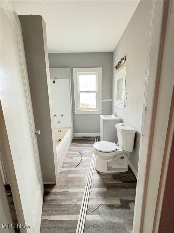 bathroom with vanity, wood-type flooring, and toilet