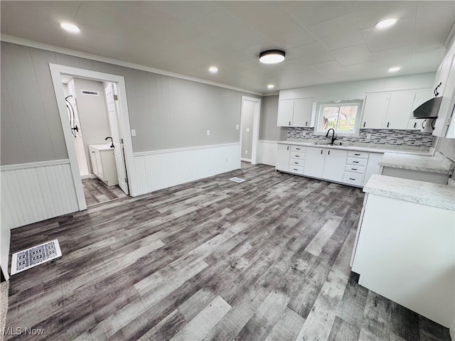 kitchen with tasteful backsplash, extractor fan, sink, wood-type flooring, and white cabinetry