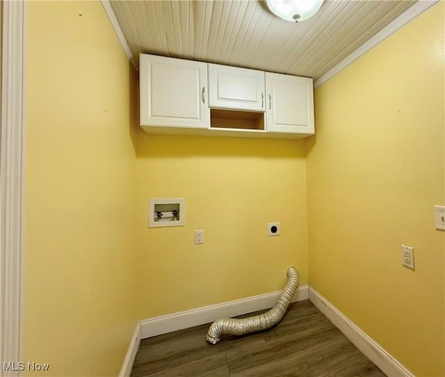 laundry room featuring wood ceiling, hardwood / wood-style floors, hookup for a washing machine, cabinets, and hookup for an electric dryer