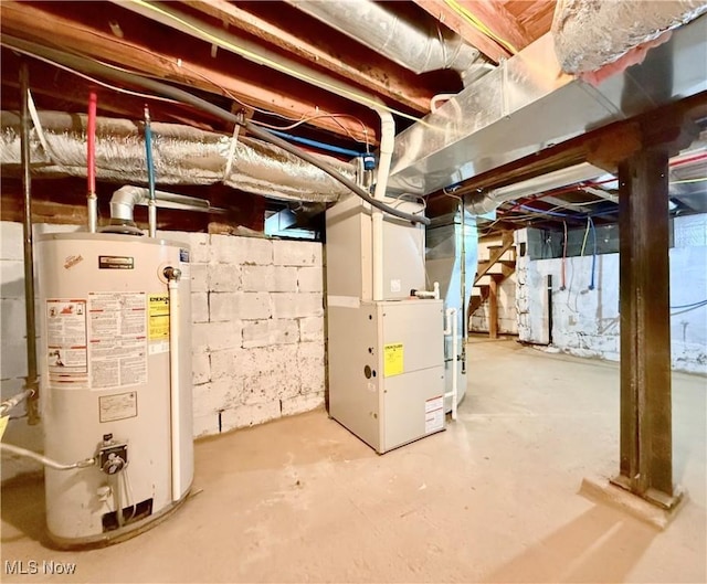 basement with heating unit and water heater